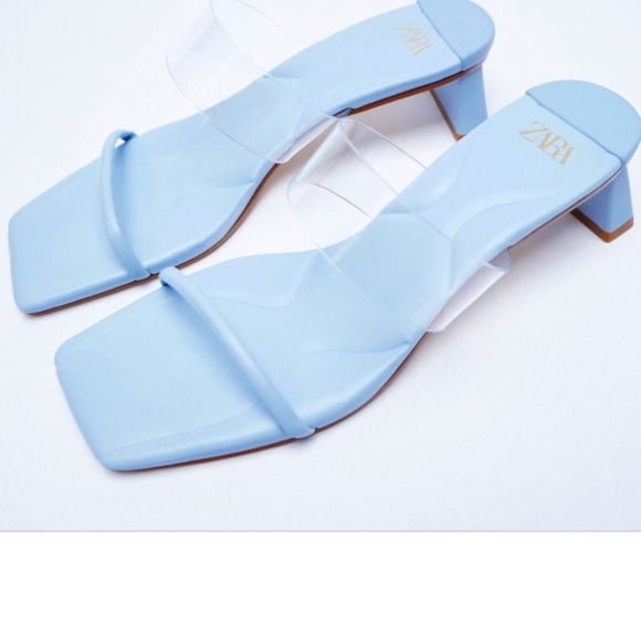 NWOT ZARA Light Blue Kitten Heel Vinyl Strap Sandals Square Toe sz 8.5 - Picture 2 of 6